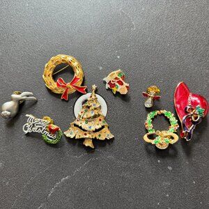 Festive Holiday Brooch Set - Gold, Red, Green